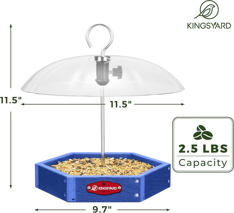Kingsyard Large Platform Bird Feeder Outdoor Hanging, Adjustable Dome Squirrel Proof Rain Cover, Metal Mesh Tray Recycled Plastic Wild Bird Seed Feeding Station, Blue - Image 4